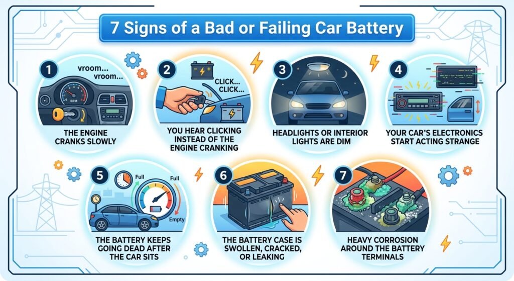 7 signs og a bad or failing car battery