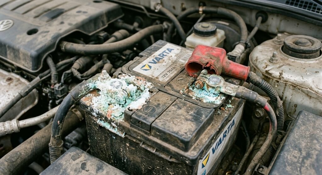 White, blue, or greenish corrosion around the battery terminals