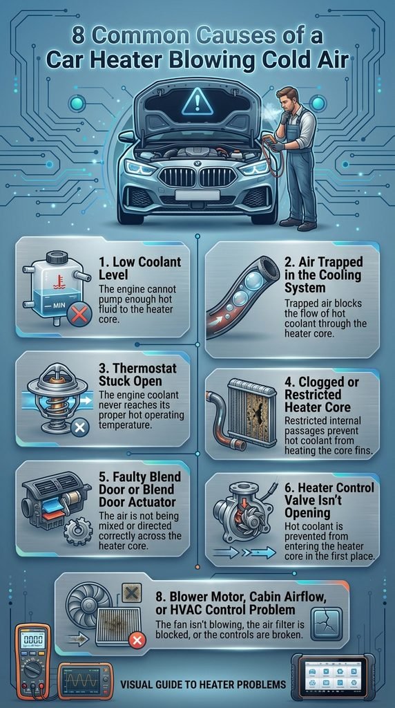 8 Common Causes of a Car Heater Blowing Cold Air Infographic